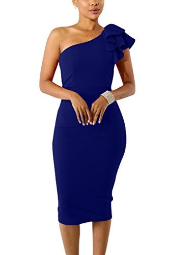 Mokoru Women's Sexy Ruffle One Shoulder Bodycon Elegant Cocktail Party Midi Dresses, Medium, Dark Blue - Image 2