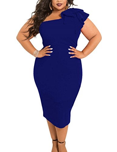 Mokoru Women's Sexy Ruffle One Shoulder Bodycon Elegant Cocktail Party Midi Dresses, Medium, Dark Blue - Image 4