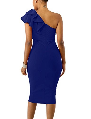 Mokoru Women's Sexy Ruffle One Shoulder Bodycon Elegant Cocktail Party Midi Dresses, Medium, Dark Blue - Image 3