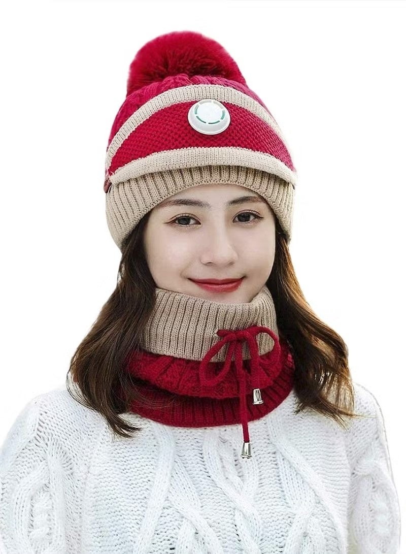 أخبار مجموعة 3 في 1 من قبعات بيني المحبوكة الشتوية لتدفئة الرقبة والوجه للنساء والفتيات، وقبعات تزلج مبطنة بالصوف مع بوم بوم - Image 2