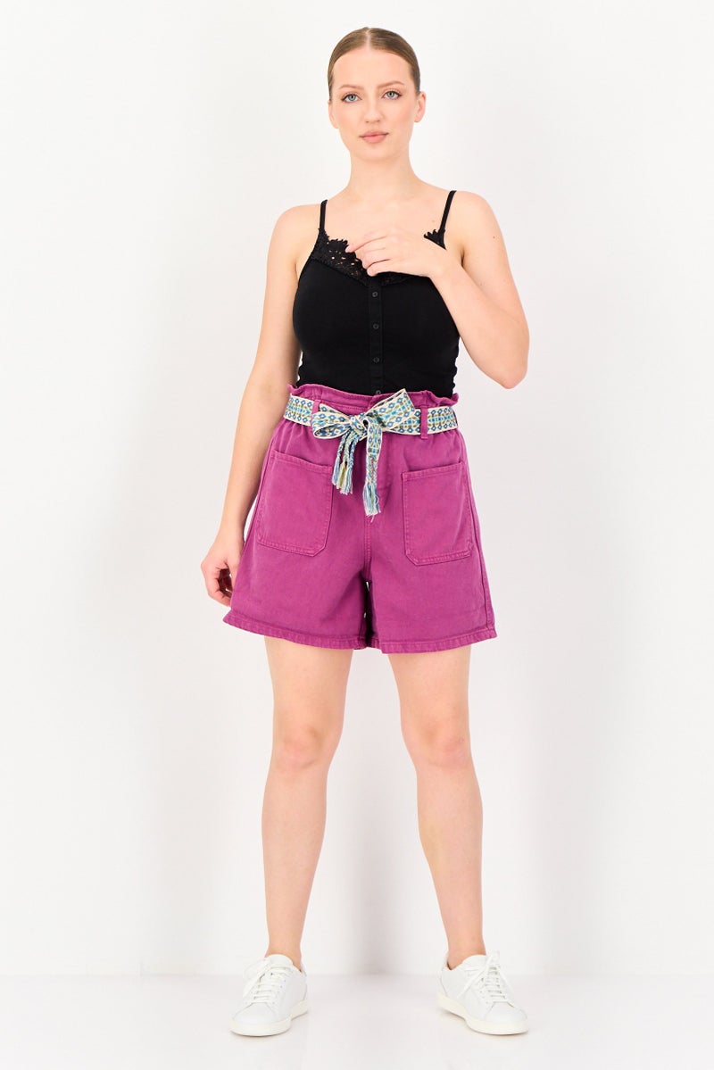 promod Women Washed Belt Tie Denim Shorts, Purple - Image 4
