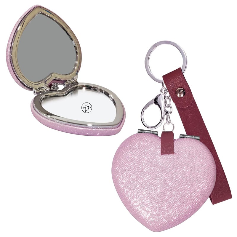 FunBlast FunBlast Heart Shape Makeup Mirror for Women Aesthetic Mini Mirror Portable Folding Double Sided Compact Mirror with 1X 2X Magnification Keychain Mirror Pink  - Image 1