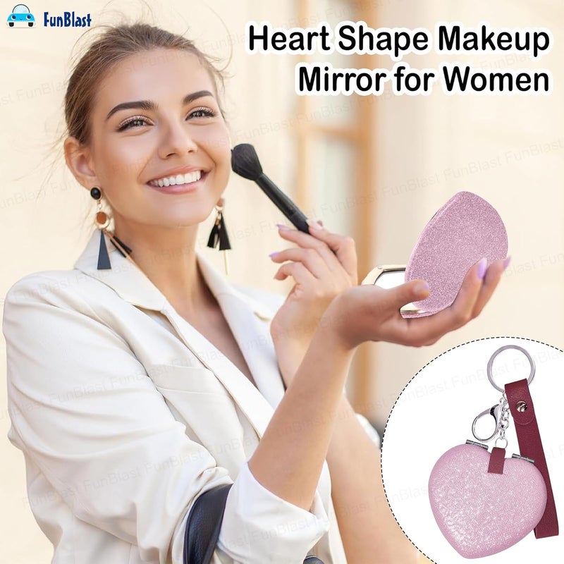 FunBlast FunBlast Heart Shape Makeup Mirror for Women Aesthetic Mini Mirror Portable Folding Double Sided Compact Mirror with 1X 2X Magnification Keychain Mirror Pink  - Image 4