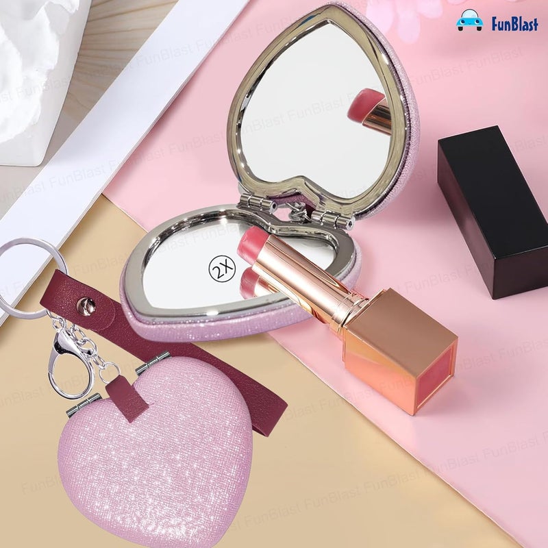 FunBlast FunBlast Heart Shape Makeup Mirror for Women Aesthetic Mini Mirror Portable Folding Double Sided Compact Mirror with 1X 2X Magnification Keychain Mirror Pink  - Image 5