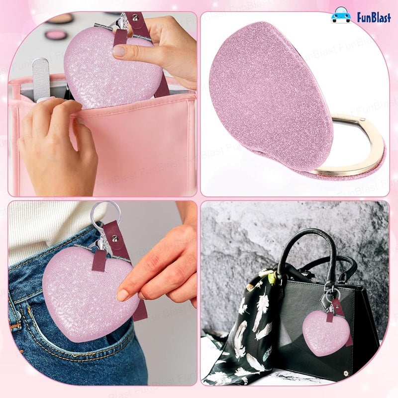 FunBlast FunBlast Heart Shape Makeup Mirror for Women Aesthetic Mini Mirror Portable Folding Double Sided Compact Mirror with 1X 2X Magnification Keychain Mirror Pink  - Image 2