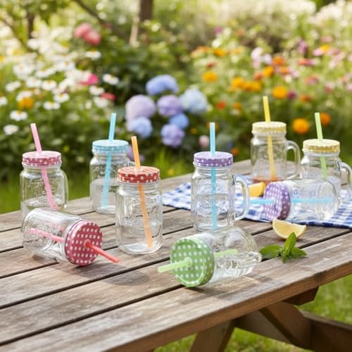 Ash  Roh Ash & Roh® - Glass Mason Jar with Multi-Color Air-Tight Lids with Straw Mugs with Handle, Regular Mouth for Kitchen - 500 ML (4) - Image 3