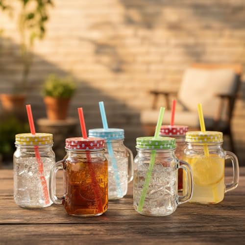 Ash  Roh Ash & Roh® - Glass Mason Jar with Multi-Color Air-Tight Lids with Straw Mugs with Handle, Regular Mouth for Kitchen - 500 ML (4) - Image 5