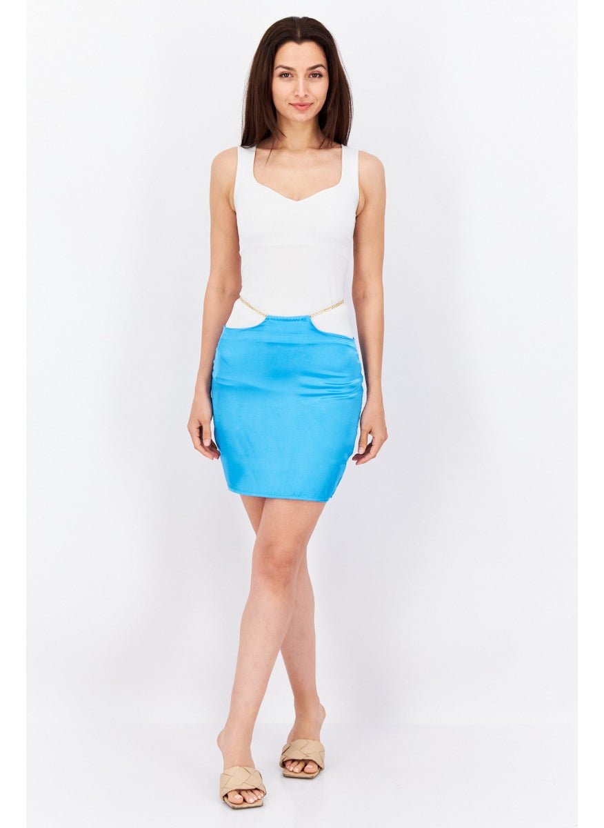 I SAW IT FIRST - Women Petite Solid Chain Belted Mini Skirt, Blue - Image 1