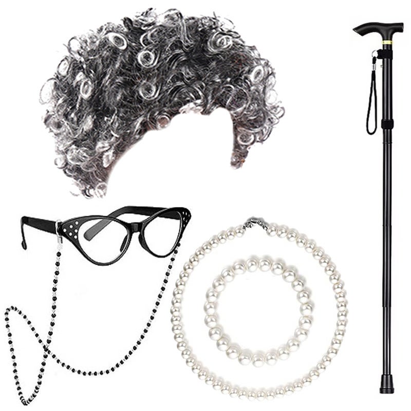 Generic Halloween Granny Wig Cosplay Kids Elderly Costume SetBlack and white curly hair six-piece set Black and white curly hair six-piece set