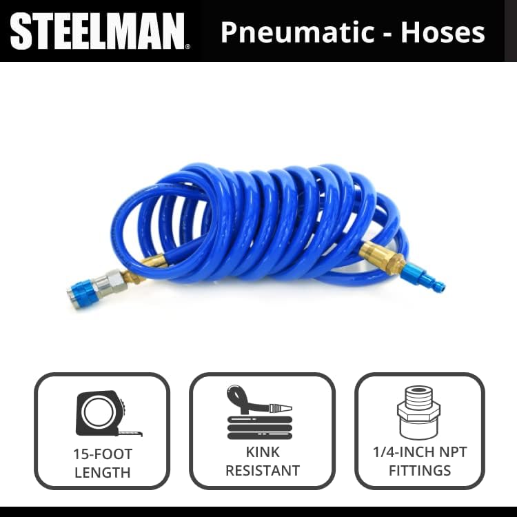 Steelman 15-Foot Coiled 3/8-Inch ID Air Hose with Reusable Brass Fittings - Image 4