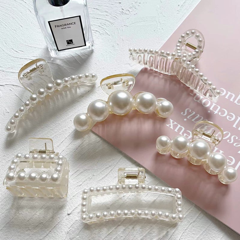 Sisiaipu 6 Pcs Large Pearl Claw Clips for Thick Hair for Wedding Nonslip Jaw Clips Hair Styling Gift And Accessories for Women and Girls White