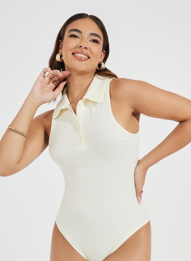 Styli Solid Sleeveless Knit Collared Bodysuit  - Image 1