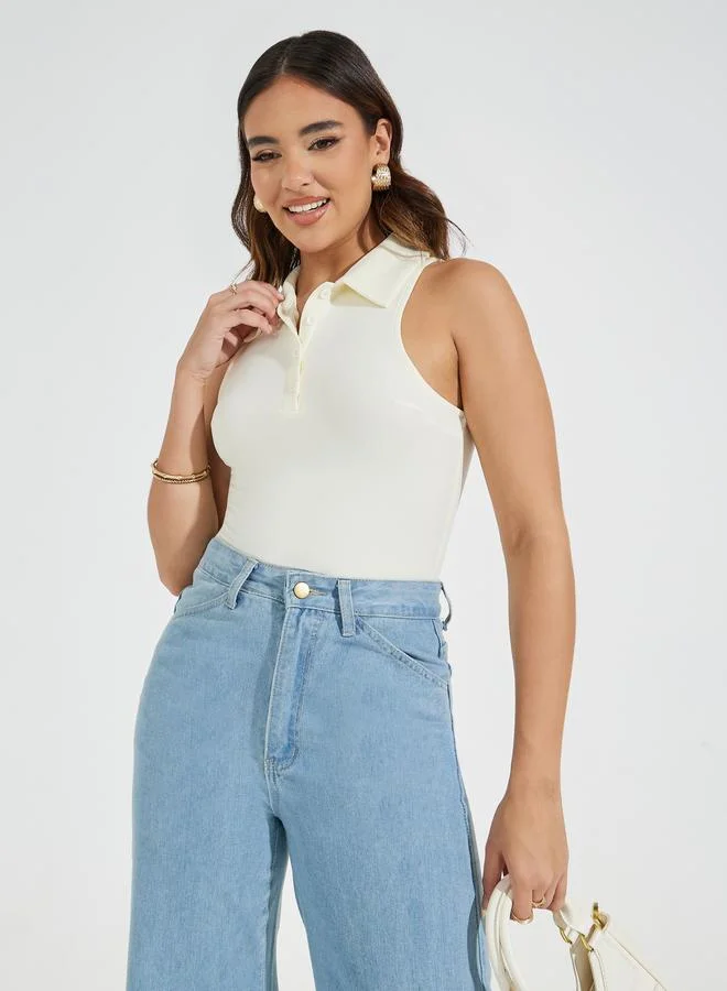 Styli Solid Sleeveless Knit Collared Bodysuit