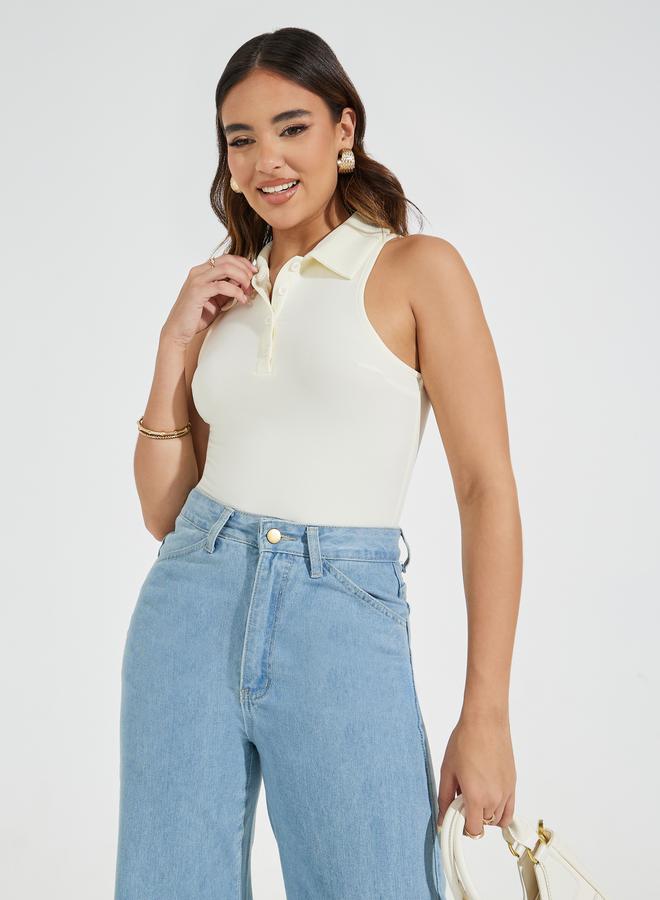 Styli Solid Sleeveless Knit Collared Bodysuit  - Image 3