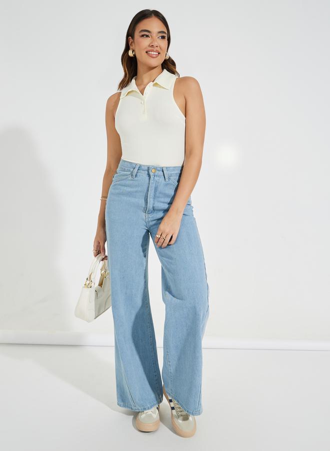 Styli Solid Sleeveless Knit Collared Bodysuit  - Image 2