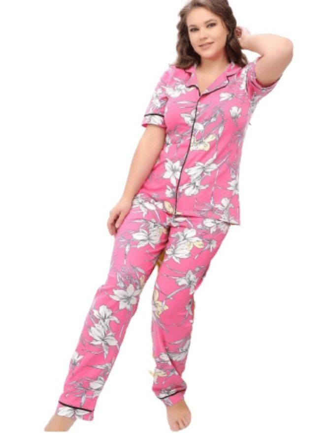 Ganna Women's short-sleeved pyjamas with buttons and summer long pants made of cotton large sizes