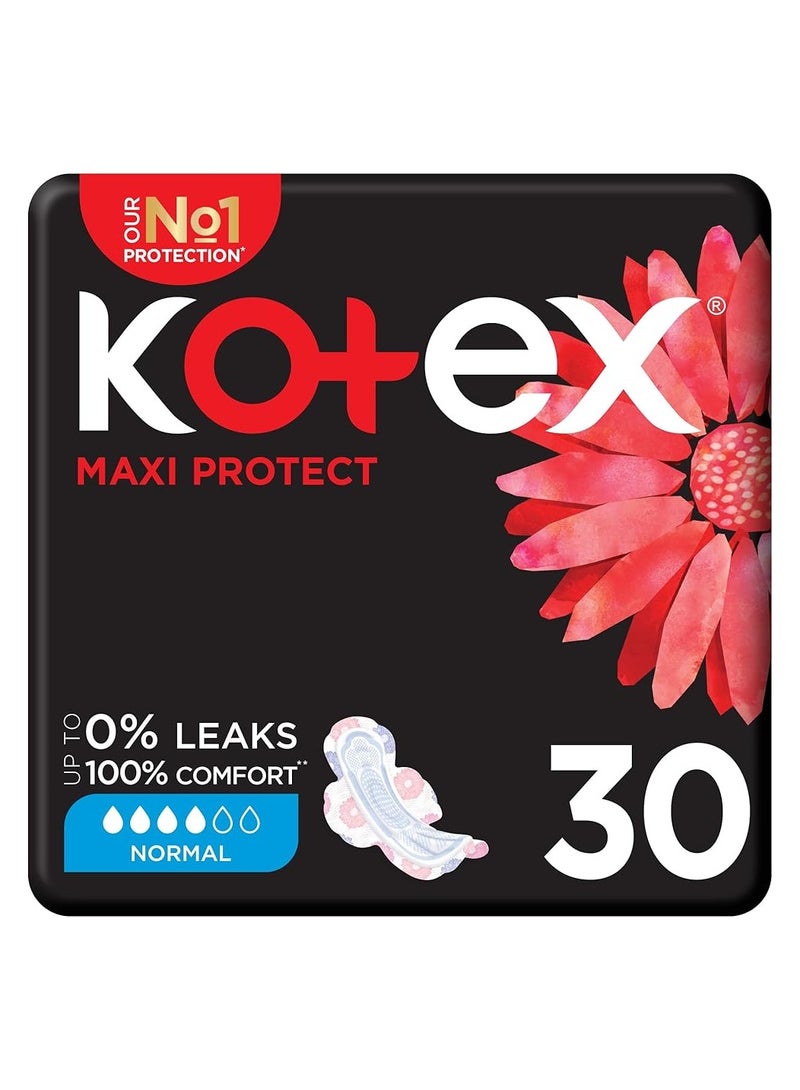 كوتكس 30 قطعة من وسادات Maxi Protect السميكة - الحجم العادي مع أجنحة للاستخدام اليومي!