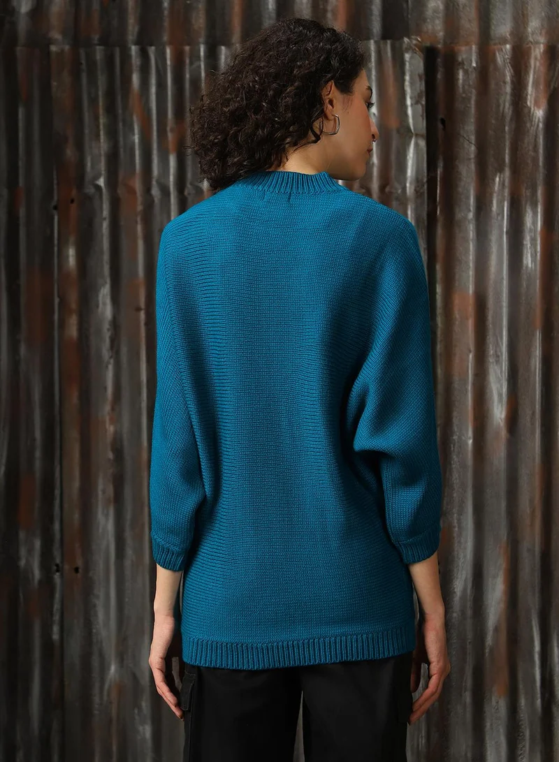 HIGH STAR Women's Deep Teal 100% Acrylic Solid Oversized Sweater