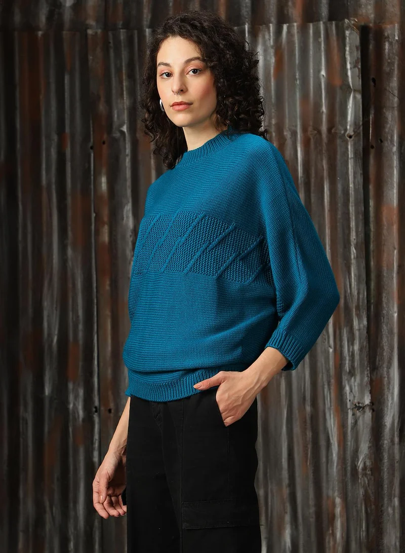 HIGH STAR Women's Deep Teal 100% Acrylic Solid Oversized Sweater