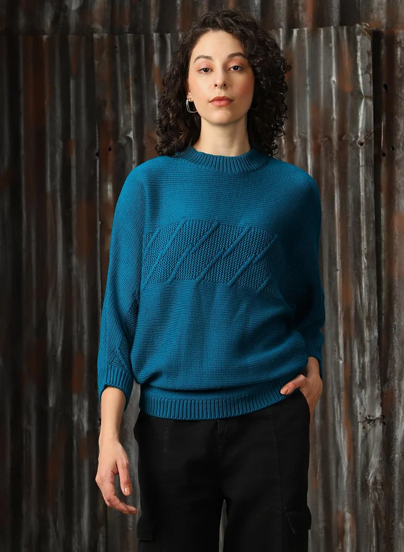 HIGH STAR Women's Deep Teal 100% Acrylic Solid Oversized Sweater