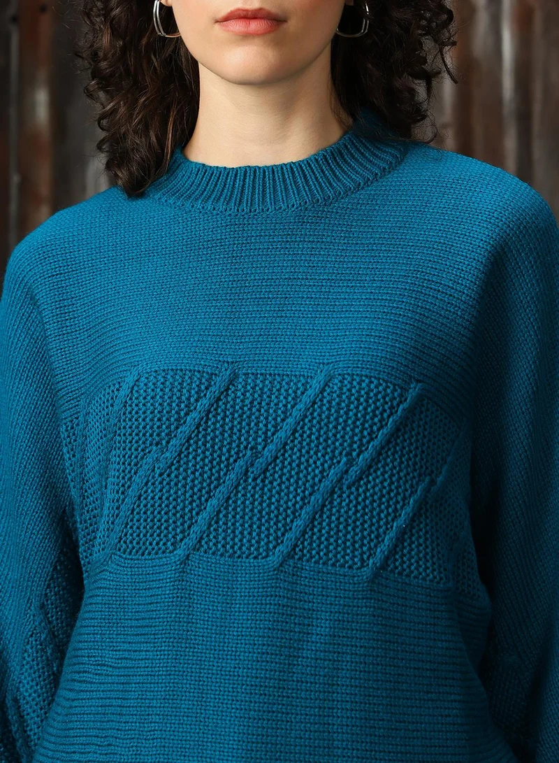 HIGH STAR Women's Deep Teal 100% Acrylic Solid Oversized Sweater