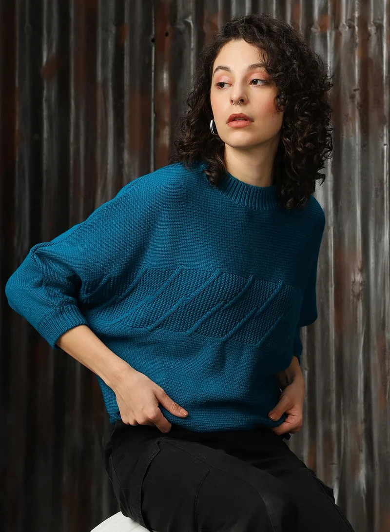 HIGH STAR Women's Deep Teal 100% Acrylic Solid Oversized Sweater