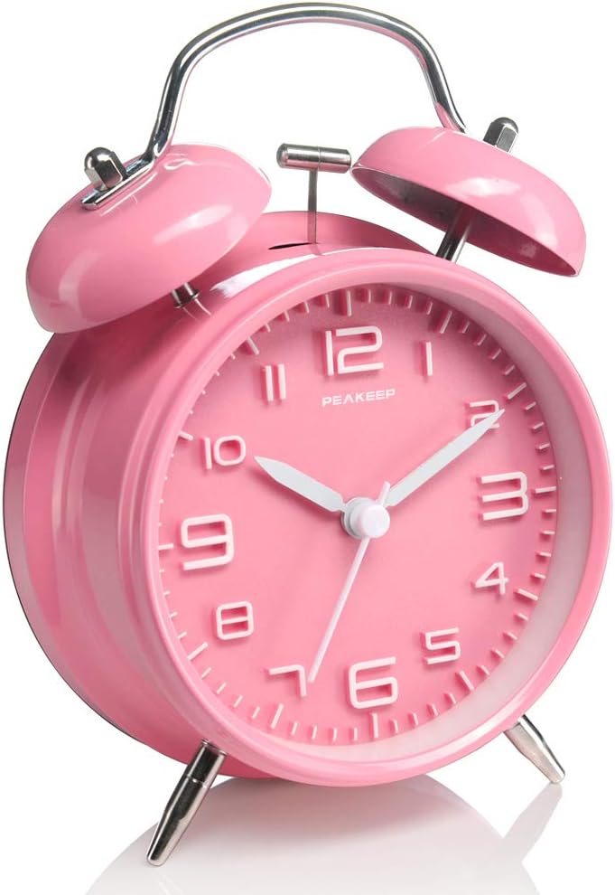 Peakeep 4 Inches Twin Bell Loud Alarm Clock for Heavy Sleepers Kids, Battery Operated Old Fashioned Alarm Clock (3D-Dial, Pink) - Image 1