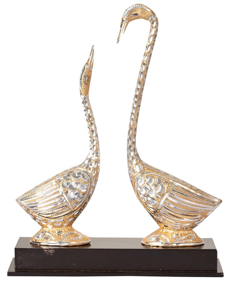 HOUZZPLUS Handicraft White Metal Pair of Swan Statue Showpiece Vastu Decorative Figurine24 cm x 7 cm x 30 cm Gold Silver - Image 1