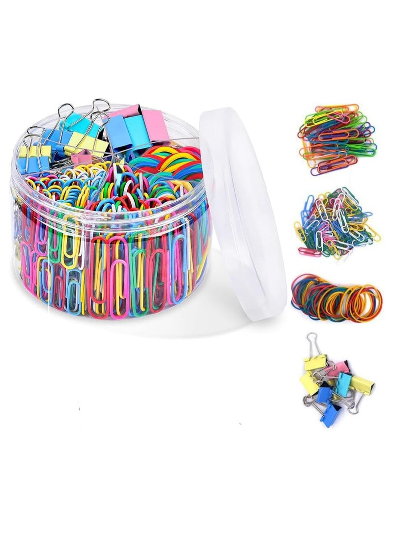 Oasisgalore 240Pcs Colored Office Clips Set, Assorted Sizes Paperclips Paper Clamps Rubber Bands  - Image 1