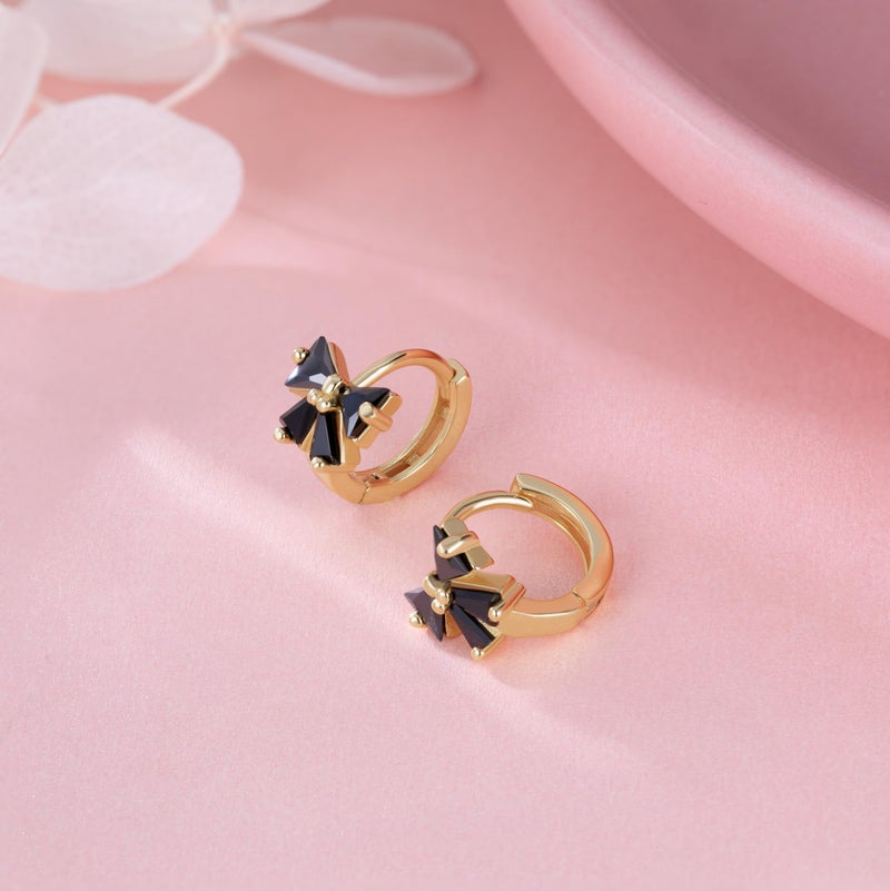 Reffeer Solid 925 Sterling Silver Bow Hoop Earrings Huggie for Women Teen Girls Black CZ Bowknot Hoop Earrings Ribbon Cartilage Huggie (C-18K Gold) - Image 3