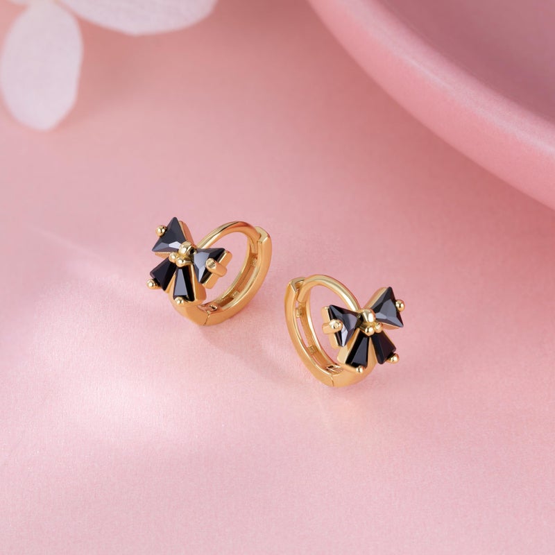 Reffeer Solid 925 Sterling Silver Bow Hoop Earrings Huggie for Women Teen Girls Black CZ Bowknot Hoop Earrings Ribbon Cartilage Huggie (C-18K Gold) - Image 4