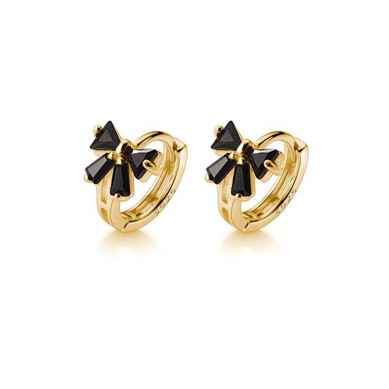 Reffeer Solid 925 Sterling Silver Bow Hoop Earrings Huggie for Women Teen Girls Black CZ Bowknot Hoop Earrings Ribbon Cartilage Huggie (C-18K Gold) - Image 1