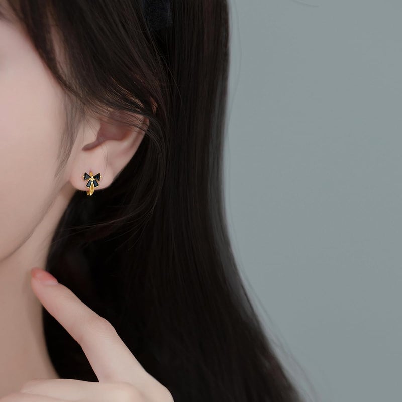 Reffeer Solid 925 Sterling Silver Bow Hoop Earrings Huggie for Women Teen Girls Black CZ Bowknot Hoop Earrings Ribbon Cartilage Huggie (C-18K Gold) - Image 2