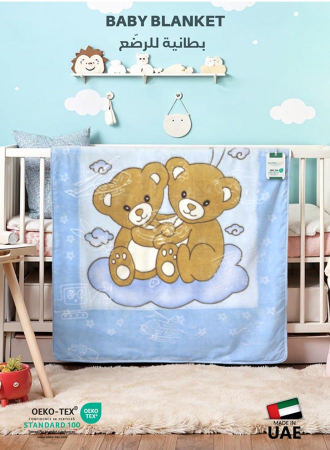 Cotton home Ultra-Soft Bear Baby Blanket Lightweight & Cozy Plush with Embossed Designs, 140x110cm - Blue - Image 1