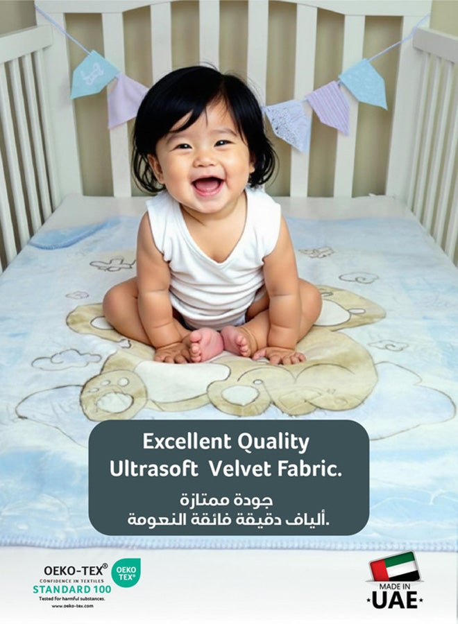 Cotton home Ultra-Soft Bear Baby Blanket Lightweight & Cozy Plush with Embossed Designs, 140x110cm - Blue - Image 3