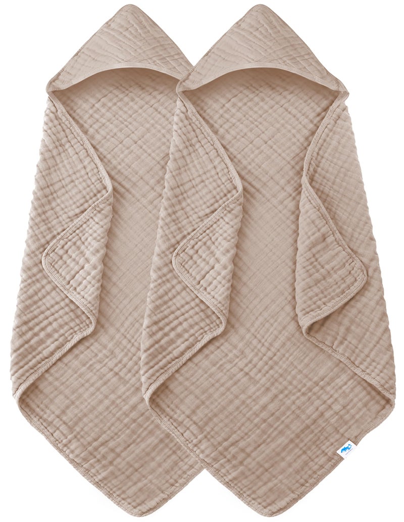 SWEET DOLPHIN Muslin Hooded Baby Bath Towels - 2 Pack 100% Cotton Towel for Babies, Infants, Toddlers - 32x32Inch - Highly Absorbent and Newborn Essential, Brown - Image 1
