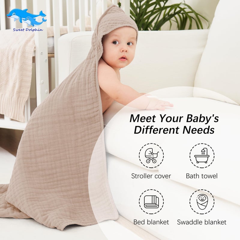SWEET DOLPHIN Muslin Hooded Baby Bath Towels - 2 Pack 100% Cotton Towel for Babies, Infants, Toddlers - 32x32Inch - Highly Absorbent and Newborn Essential, Brown - Image 5