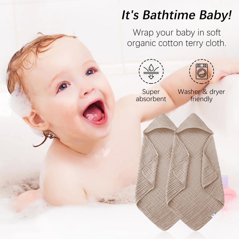 SWEET DOLPHIN Muslin Hooded Baby Bath Towels - 2 Pack 100% Cotton Towel for Babies, Infants, Toddlers - 32x32Inch - Highly Absorbent and Newborn Essential, Brown - Image 3