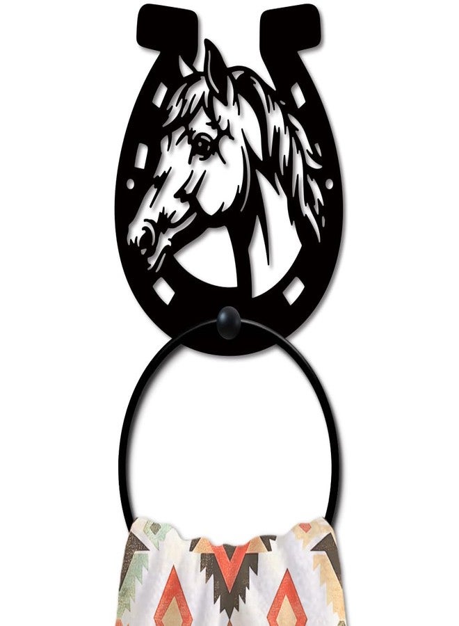 MAYJOYDIY Horse Head Horseshoes Metal Towel Ring, Farm Animal Black Hand Towel Holder, Mane Steed Design Hanging Ring Wall Mounted Bathroom Accessories for Bathroom Kitchen Home Decoration Gift - Image 1