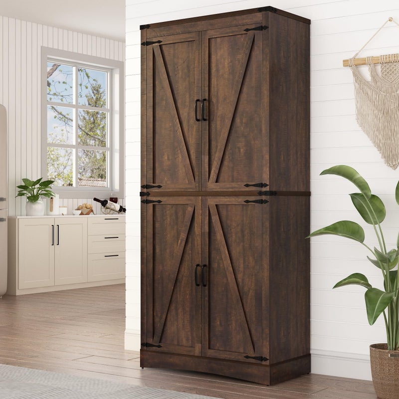 chartustriable 71in Farmhouse Kitchen Pantry CabinetTall Storage Cabinet with 4 Doors and Adjustable shelveswith LoadBearing Steel PipeWood Storage Cabinets for KitchenDining RoomBathroomBrown