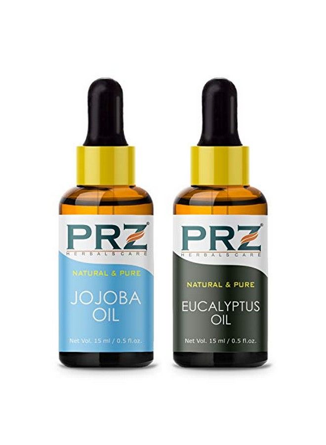 PRZ Combo of Cold Pressed Jojoba Carrier Oil & Eucalyptus Essential Oil 100% Pure l & Therapeutic Grade Oil for Aromatherapy Body Massage Skin Care & Hair Growth (15ML Each) - Image 1