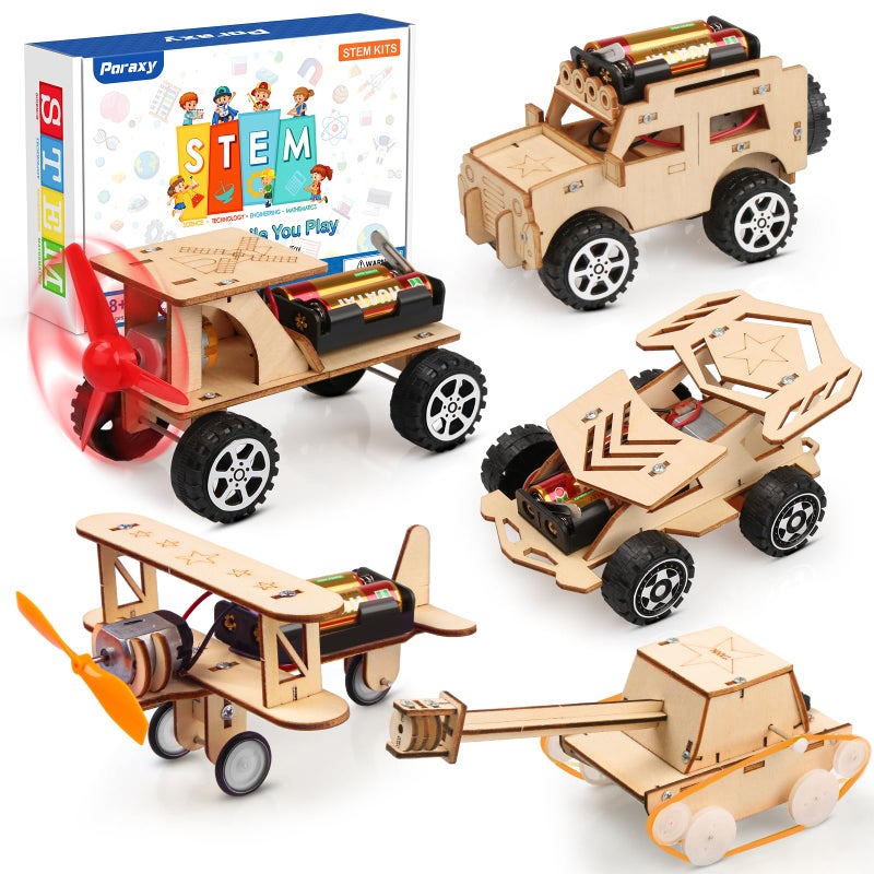 Poraxy 5 in 1 STEM Kits for Kids Age 8-10, Science Building Project Craft for 8-13, Model Car Kit, STEM Toys for Boys Girls Age 8-12, Wooden 3D Puzzles, Birthday Gifts for 6 7 8 9 10 11 12 13 Year Old - Image 1