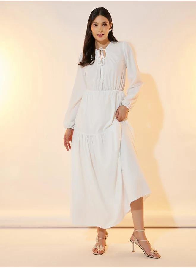 تايك تو Solid Tie-Up Neck Tiered Maxi Dress