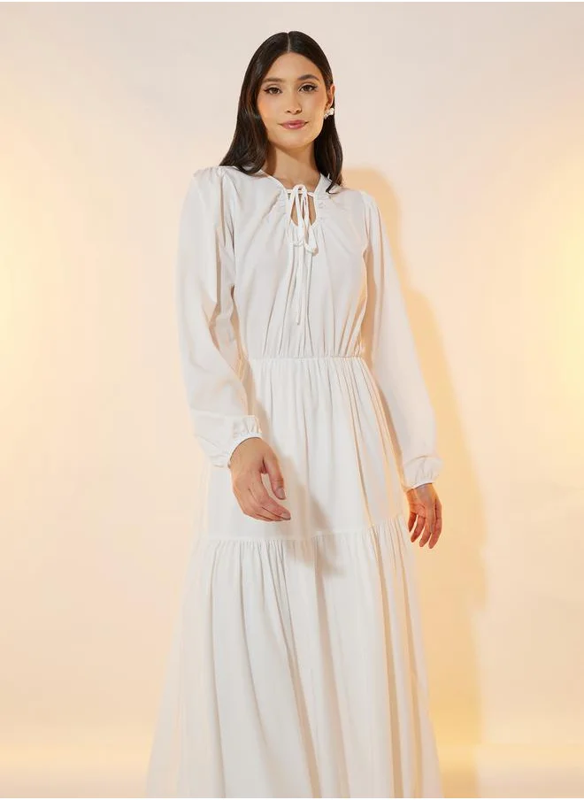 تايك تو Solid Tie-Up Neck Tiered Maxi Dress