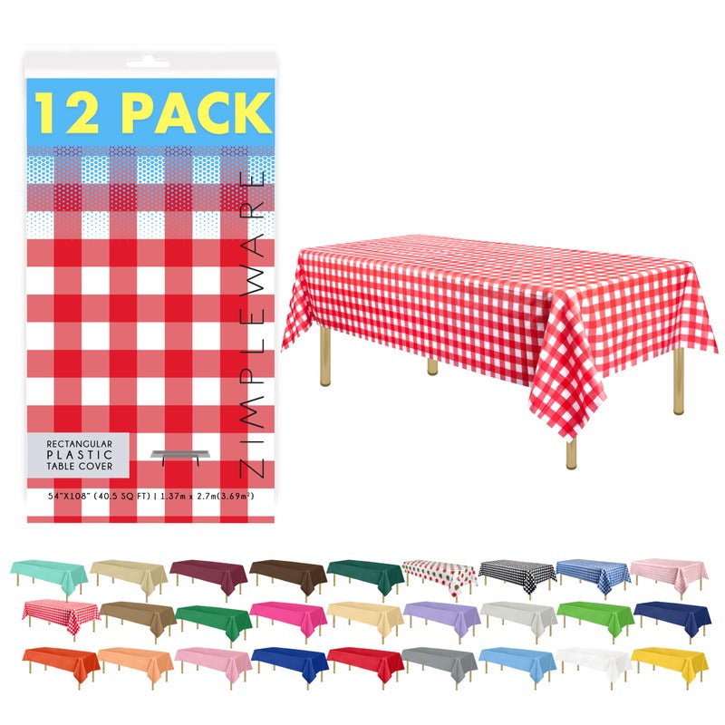 ZIMPLEWARE Premium Red Gingham Checkered Plastic Table Cloth Disposable 12 Pk Plastic Tablecloths for Rectangle Tables 54in x 108in Party Table Cloths Disposable for 6ft to 8ft Rectangle Tables
