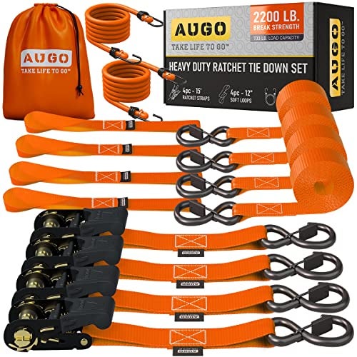 AUGO Ratchet Straps Heavy Duty 4 Pack -15 FT - 2200 LB Break Strength – Ratchet Tie Down Straps with Safety Lock S Hooks - Cargo Straps for Moving, Appliances, Motorcycle – Soft Loop Tie Down Straps - Image 1