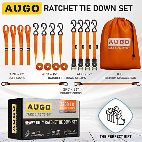 AUGO Ratchet Straps Heavy Duty 4 Pack -15 FT - 2200 LB Break Strength – Ratchet Tie Down Straps with Safety Lock S Hooks - Cargo Straps for Moving, Appliances, Motorcycle – Soft Loop Tie Down Straps - Image 5