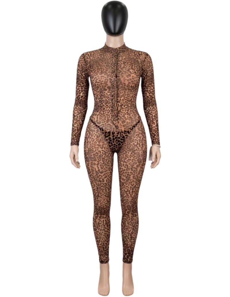 Women Leopard Print Mesh Bodysuit Full Body Stretch Jumpsuit Long Sleeve Deep V Neck Lightweight Breathable Soft Fabric Comfortable Home Wear One Piece Flexible Slim Fit Outfit - Image 1