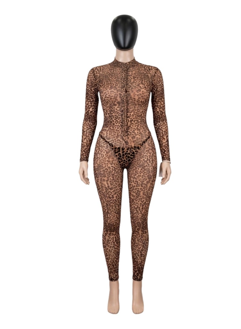 Women Leopard Print Mesh Bodysuit Full Body Stretch Jumpsuit Long Sleeve Deep V Neck Lightweight Breathable Soft Fabric Comfortable Home Wear One Piece Flexible Slim Fit Outfit - Image 2