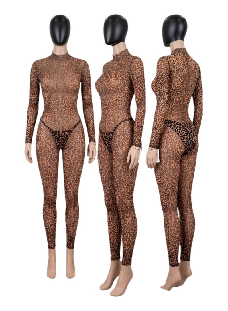 Women Leopard Print Mesh Bodysuit Full Body Stretch Jumpsuit Long Sleeve Deep V Neck Lightweight Breathable Soft Fabric Comfortable Home Wear One Piece Flexible Slim Fit Outfit - Image 3